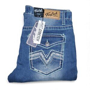 NEW True Luck Straight Leg Jeans Men's Size 34x32 Thick Stitch Embroidered BKE